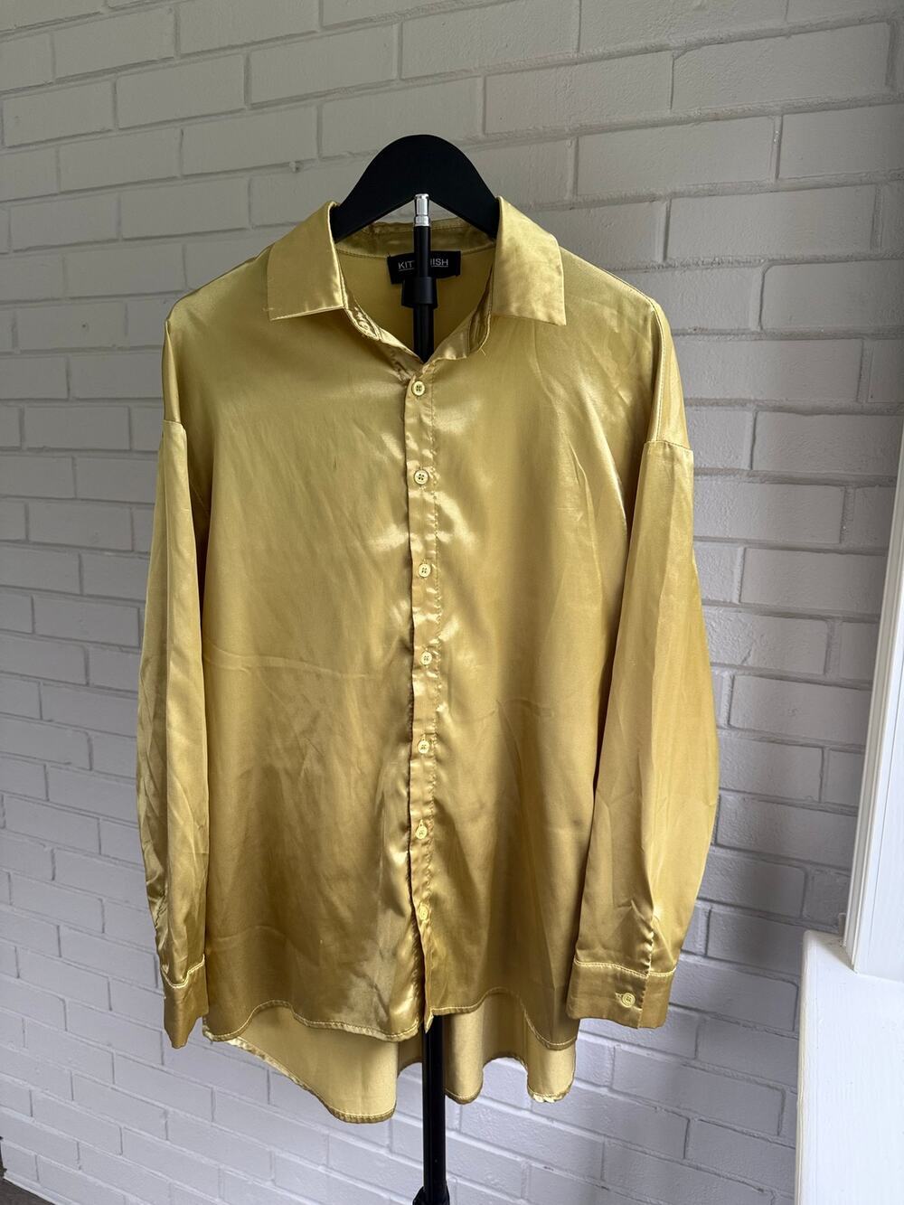 Kittenish Gold Satin Oversized Button Up Shirt Boyfriend Relaxed Blouse S